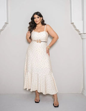 Vestido Midi Poá com Peplum