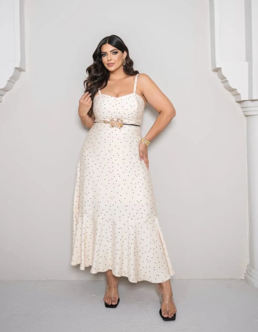 Vestido Midi Poá com Peplum