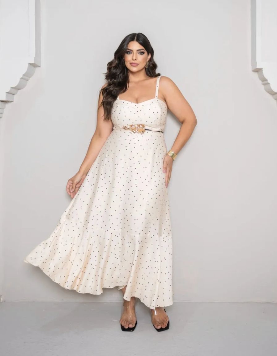 Vestido Midi Poá com Peplum