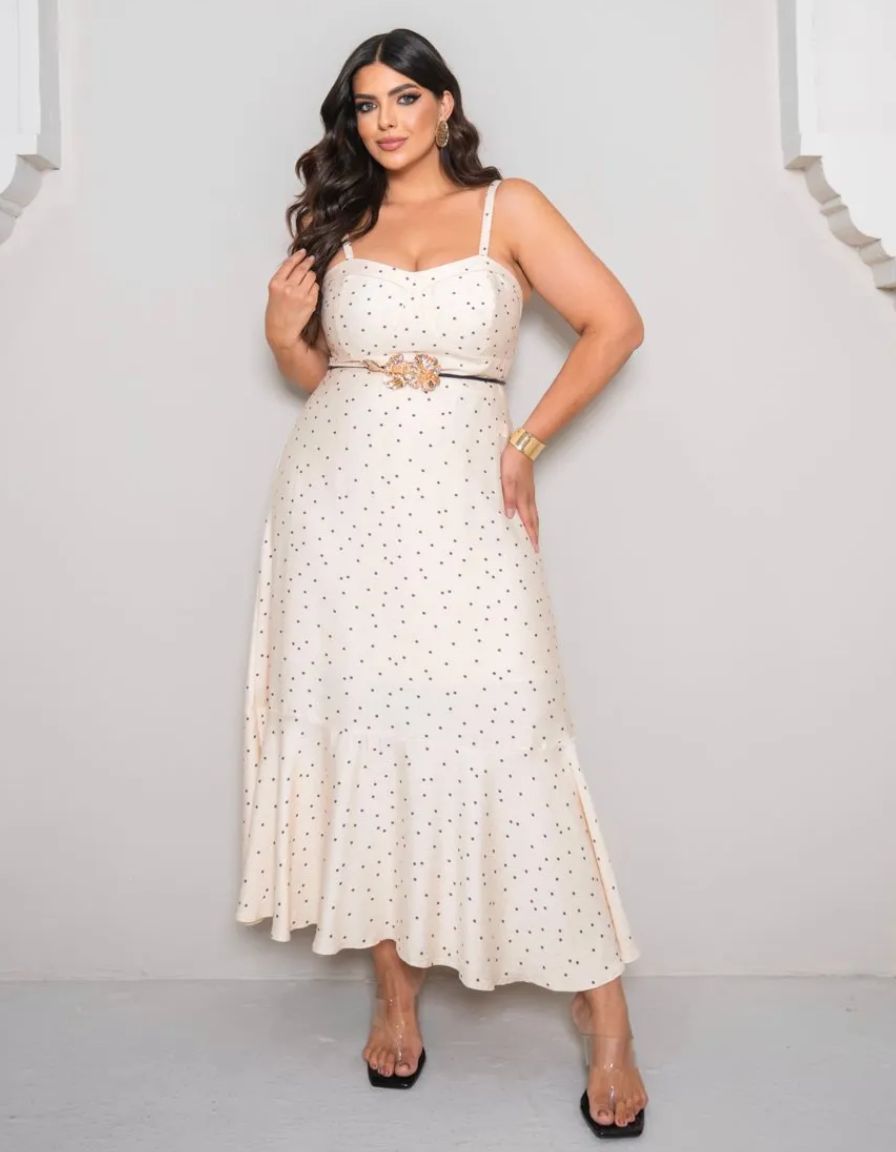 Vestido Midi Poá com Peplum