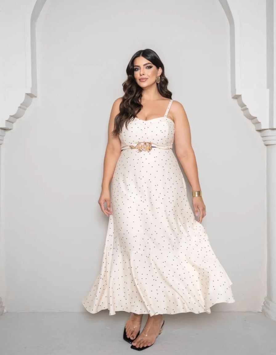 Vestido Midi Poá com Peplum
